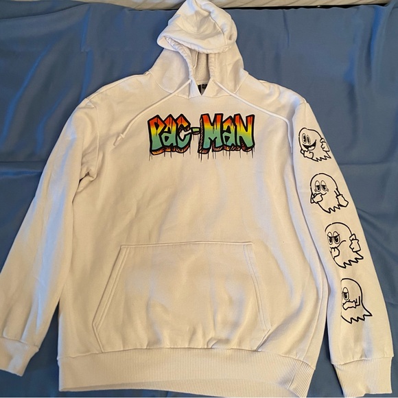 Pac-Man hooded sweatshirt, size medium long sleeve. Unisex. White with graphics - Picture 2 of 12